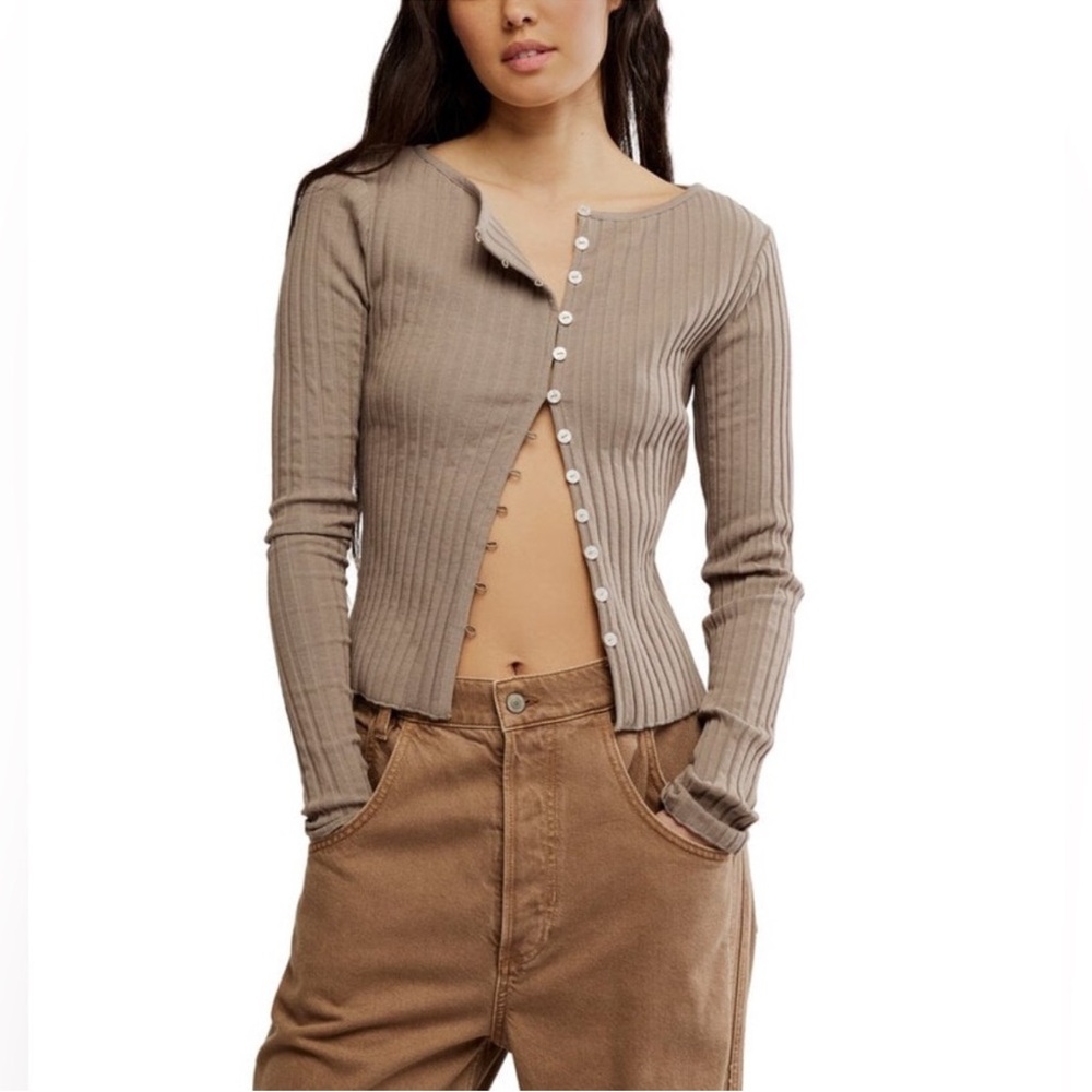 Free People Tilly Long Sleeve Cardigan Mushroom Brown / Taupe XL